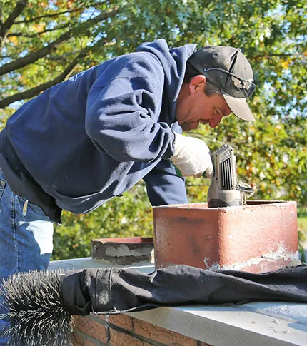 Technician repairing a chimney crown with a power tool